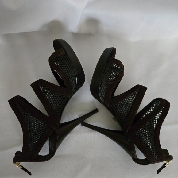 Fendi Sandalo Camoscio Rete Nylon Suede Mesh Heels Brown SZ 36.5 (6.5) - Picture 7 of 14